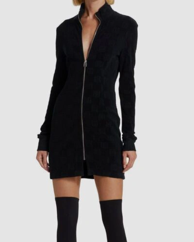 Pre-owned Ambush $665  Women's Black Rib-knit Collared Front Zip Mini Dress Size Xs