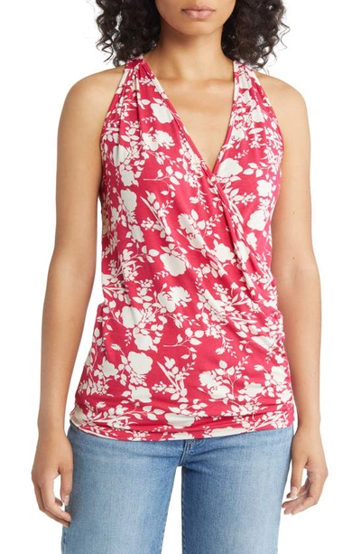 Loveappella Print Faux Wrap Tank In Magenta/ Ivory