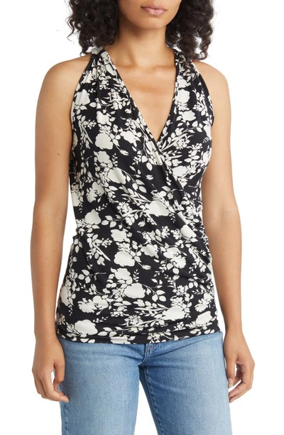 Loveappella Print Faux Wrap Tank In Black/ Ivory