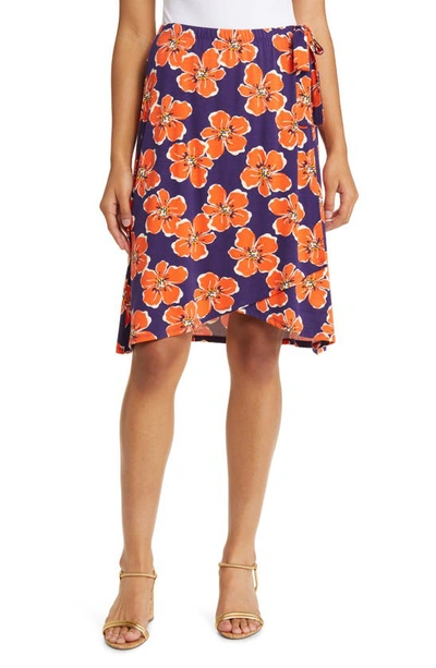 Loveappella Floral Jersey Faux Wrap Skirt In Navy/ Coral