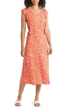 Loveappella Floral Print Flutter Sleeve Dress In Coral