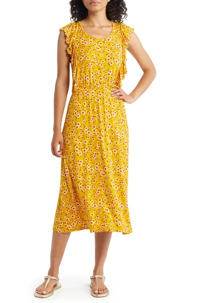 Loveappella Floral Print Flutter Sleeve Dress In Sunflower