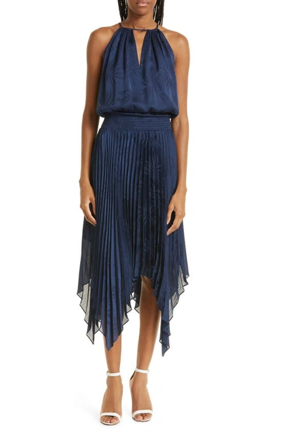 Ramy Brook Gia Palm Print Metallic Satin Jacquard Handkerchief Hem Dress In Spring Navy Island Palm