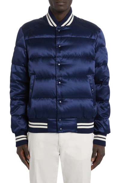 Moncler Men's Satin Logo-back Puffer Bomber Jacket In Blue