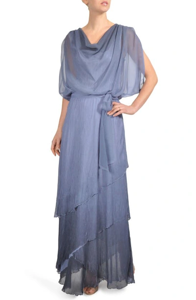 Komarov Ombré Tiered Skirt Blouson Gown In Persian Violet Blue Ombre