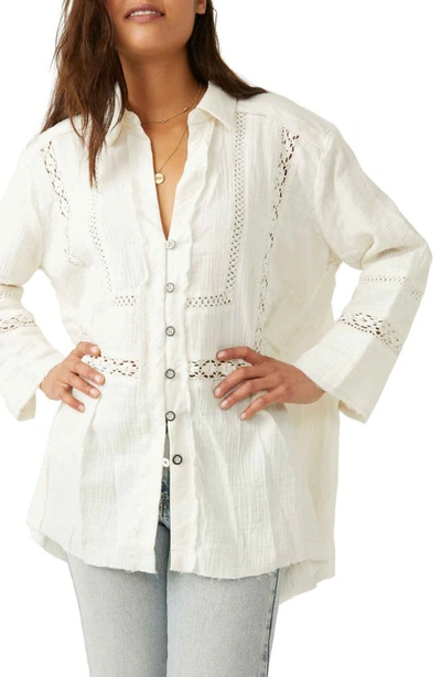 Free People Ranch Wash Lace Trim Long Sleeve Button-up Shirt In White