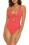 Becca Modern Edge Ribbed Lace-up Plunge One-piece Swimsuit In Paprika