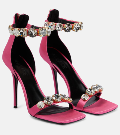 Versace 110mm Embellished Satin Sandals In Dark Pink