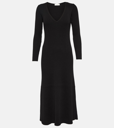 Co Plunging Long-sleeve Rib Midi Dress In Black