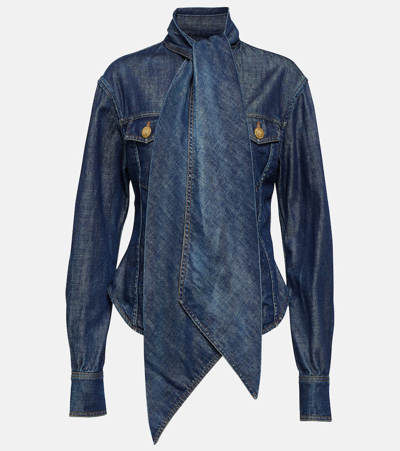 Balmain Denim Shirt With Knotted Collar In Blue