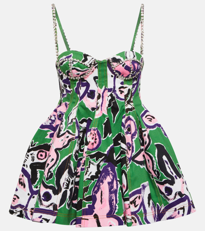 Area Pleated Floral-print Cotton-twill Mini Dress In Green