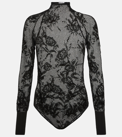 Alaïa Floral Mesh Bodysuit In 995 Noir Alaia