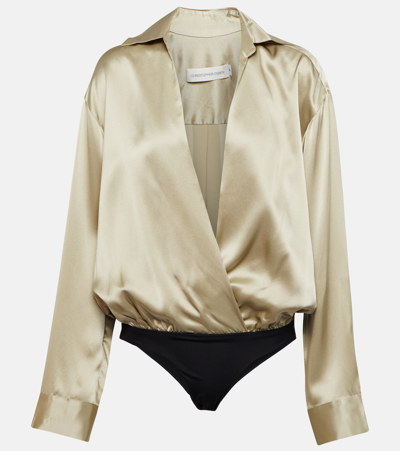 Christopher Esber Silk Satin Shirt Bodysuit In Gold