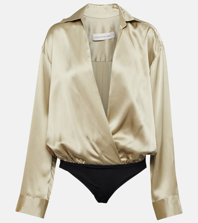 Christopher Esber Silk Satin Shirt Bodysuit In Neutrals