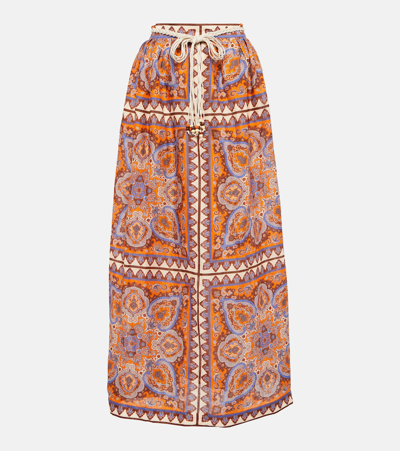 Zimmermann Halcyon Printed Linen Maxi Skirt In Orange