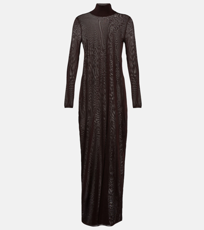 Alaïa High Neck Long Dress In Transparent Voile In Black