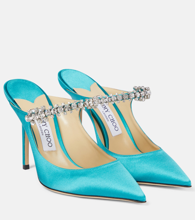 Jimmy Choo Bing 100 Embellished Satin Mules In Green