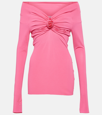Blumarine Floral-appliqué Off-shoulder Jersey Top In Pink