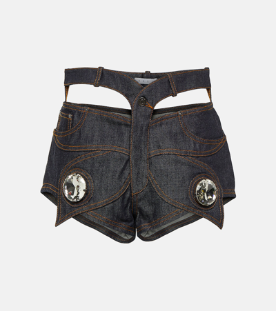 AREA EMBELLISHED CUTOUT DENIM SHORTS