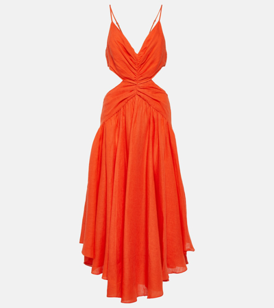 Zimmermann Raie Cutout Linen Midi Dress In Orange