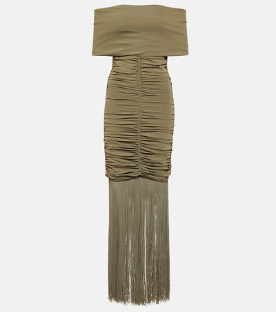 Khaite Jacinta Off-the-shoulder Fringe Maxi Dress In Olive