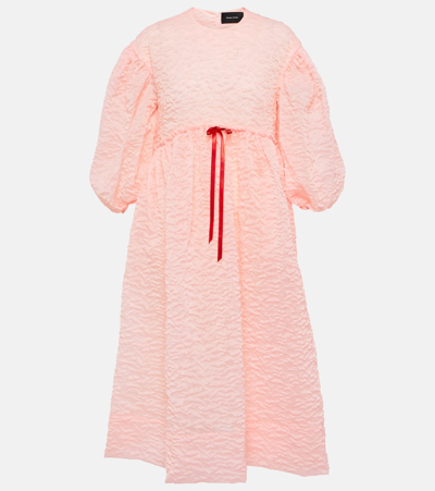 Simone Rocha Smocked Satin Midi Dress In Pink/red
