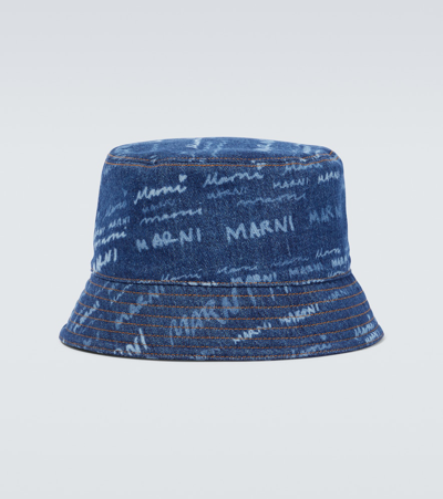 Marni Printed Cotton Denim Bucket Hat In Blue