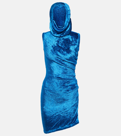Alaïa Hooded Velvet Minidress In Blue