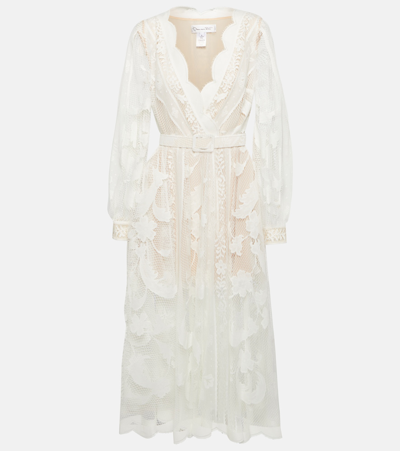 Oscar De La Renta Belted Cotton-blend Lace Midi Dress In White