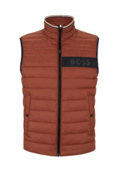 Hugo Boss Water-repellent Padded Gilet With 3d Logo Tape In Brown