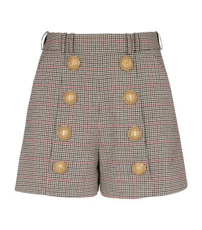 Balmain Checked Wool Blend High Rise Shorts In Multicolor
