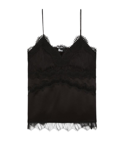 The Kooples Womens Black Lace-trim Silk Camisole Top