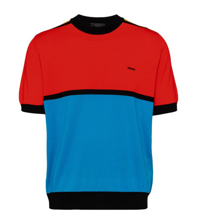 Prada Logo-patch Colour-block Jumper In Blu Turchese Ross