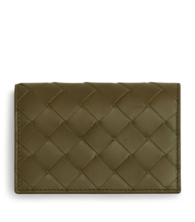 Bottega Veneta Leather Intrecciato Flap Card Holder In Grey