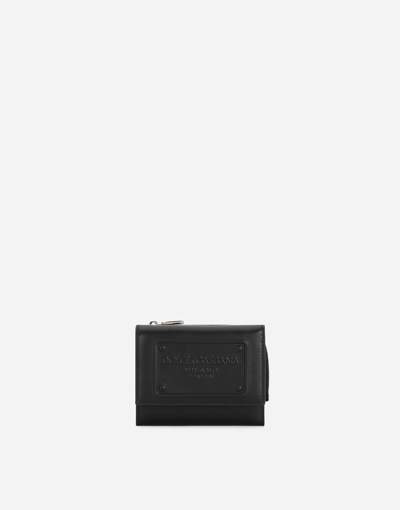 Dolce & Gabbana Calfskin French Flap Wallet With Raised Logo In Black