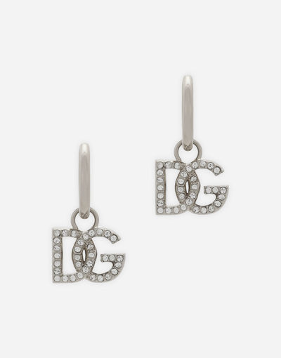 Dolce & Gabbana Creole Earrings With Dg Logo Pendant In Silver_palladium