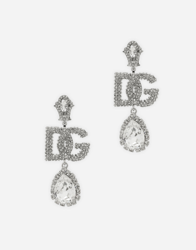 Dolce & Gabbana Drop Earrings With Rhinestone-detailed Logo And Pendant In Silver