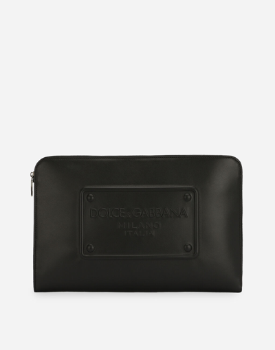Dolce & Gabbana Large Calfskin Pouch With Raised Logo In Black