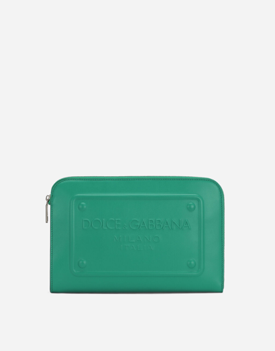 Dolce & Gabbana Small Calfskin Pouch With Raised Logo In Green