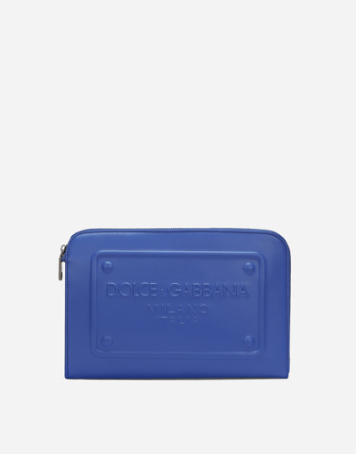 Dolce & Gabbana Small Calfskin Pouch With Raised Logo In Blue