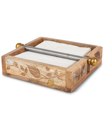 Gerson International Gg Collection Mango Wood With Laser & Metal Inlay Leaf Design Napkin Holder