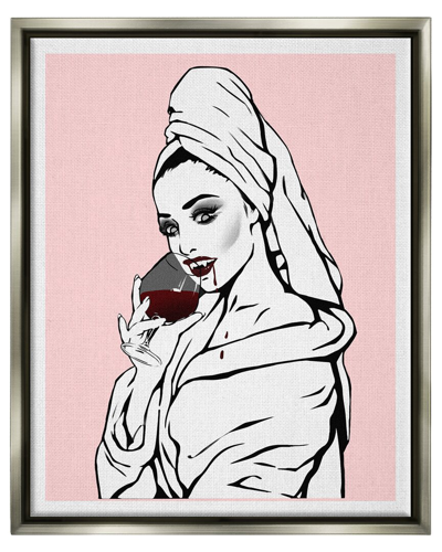 STUPELL PINK VAMPIRE FASHIONISTA DRINKING WINE FRAMED FLOATER CANVAS WALL ART BY ZIWEI LI
