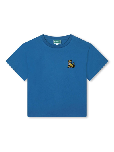 Kenzo Kids' Tiger-patch Organic-cotton T-shirt In 83a-blue