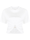 Rabanne White Crewneck Top With Short Sleeves And Ruched Cut-out On The Front In Cotton Woman In White