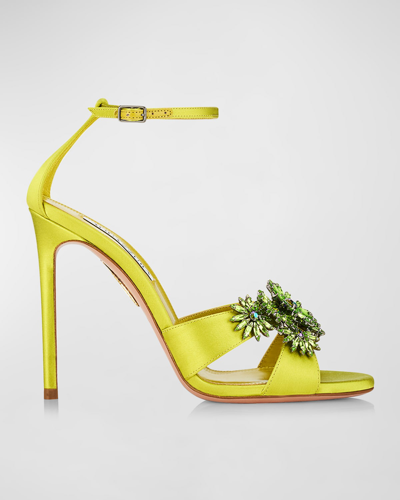 Aquazzura Margarita Crystal Flowers Ankle-strap Sandals In Pistacchio