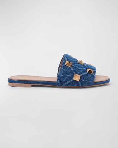 Valentino Garavani Roman Stud Denim Slide Sandals In Blue