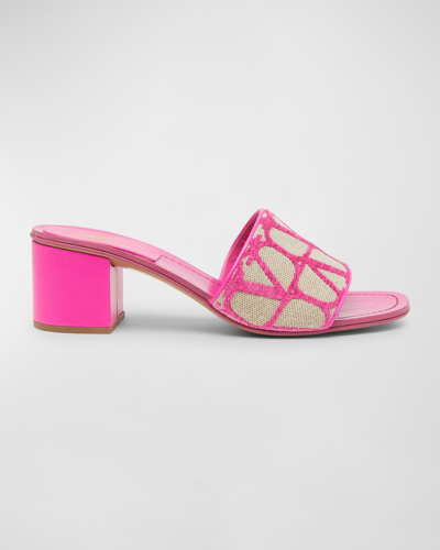 Valentino Garavani Vlogo Canvas Block-heel Slide Sandals In Naturale & Pink