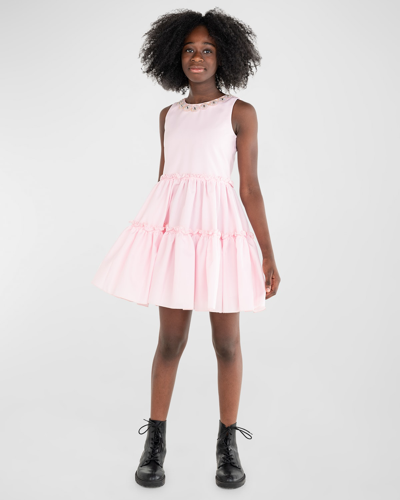 Zoe Kids' Girl's Cassidy Tiered Dress W/ Embellished Neckline In Pink