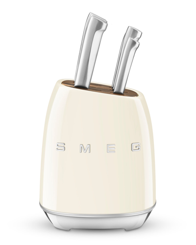 Smeg 7-piece Knife Block Set, Pastel Blue In Cream