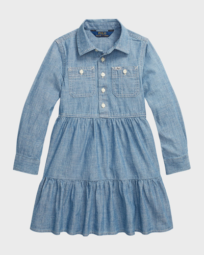 Ralph Lauren Kids' Girl's Chambray Day Shirtdress In Medium Blue Wash